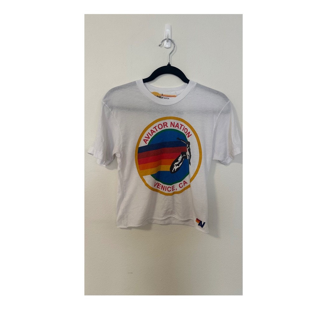 Aviator Nation Venice CA Rainbow Surfer Graphic Cropped Tee White Size Small